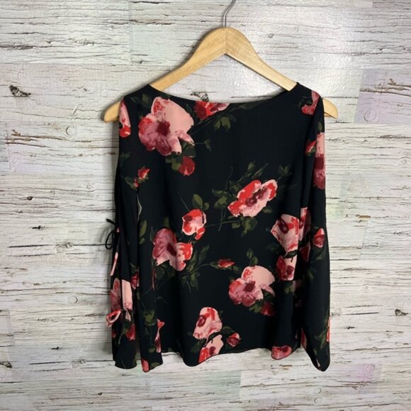 Aritzia wilfred black red floral blouse top tie up sleeves size small - Picture 8 of 8